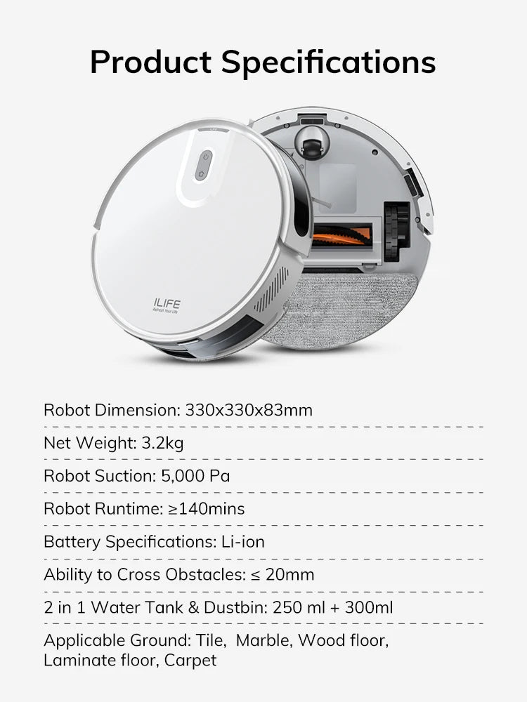 ILIFE V20 Robot Vacuum Cleaner, 5000Pa suction, SOF LiDAR Smart Navigation, APP Control, Customizable cleaning, Self charging